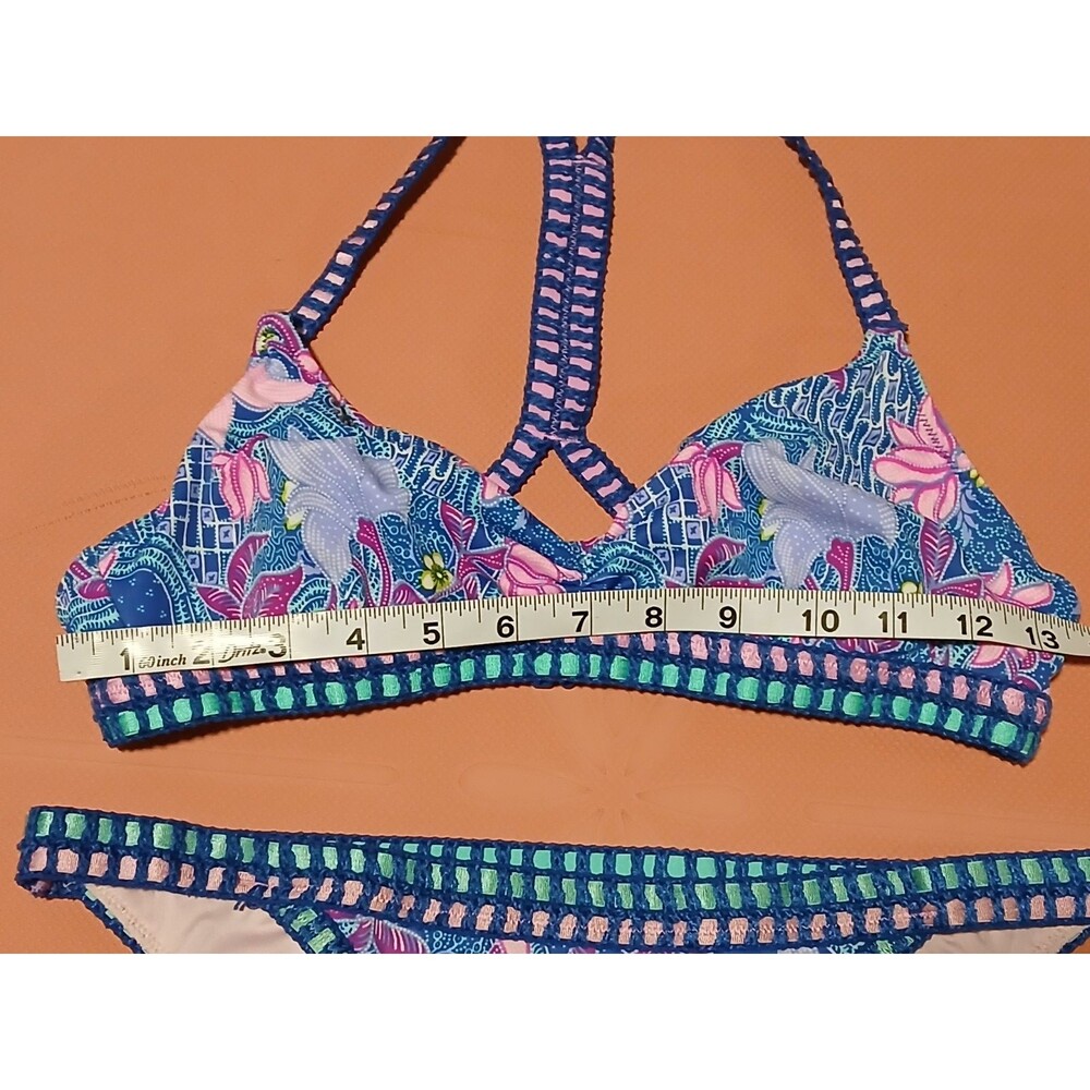Victoria's Secret Bikini Set Blue Floral Distinctive Crochet Trim Detail M  NWOT - Picture 9 of 9